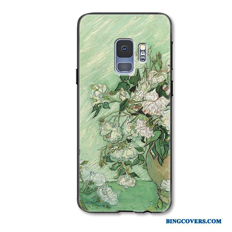 Samsung Galaxy S9+ Blomster Kreativ Cover Telefon Etui Oliemaleri Beskyttelse Cyan